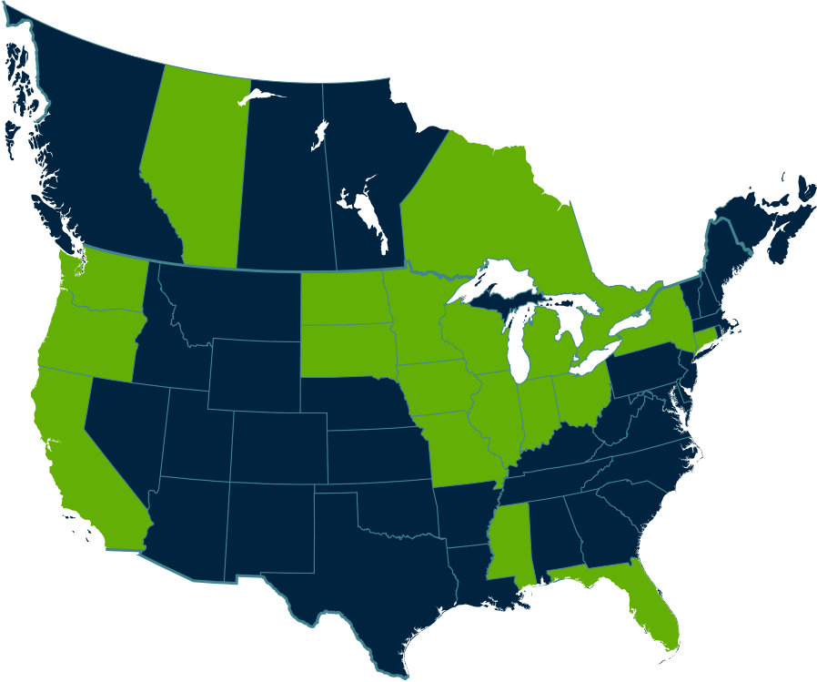 Map of North America showing our CNC machining service area including the USA, Canada, Wisconsin, New York, Texas, California, Washington, Oregon, Illinois, Missouri, Florida, Connecticut, Mississippi, North and South Dakota, Michigan, Indiana, Iowa and Ohio